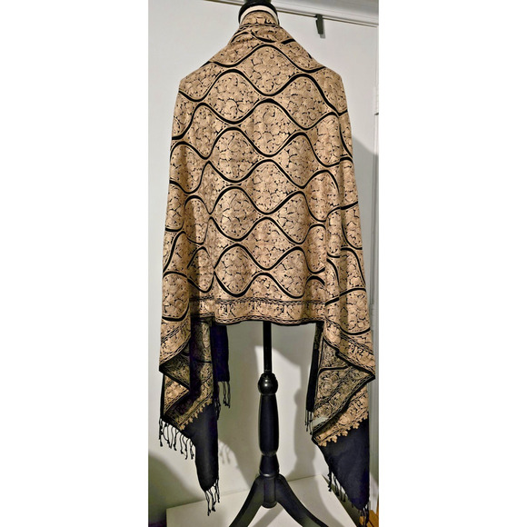 Kashmiri Embroidered Wool Shawl Wrap Stole Black Beige Embellished Women 28 x 80 - Picture 5 of 9